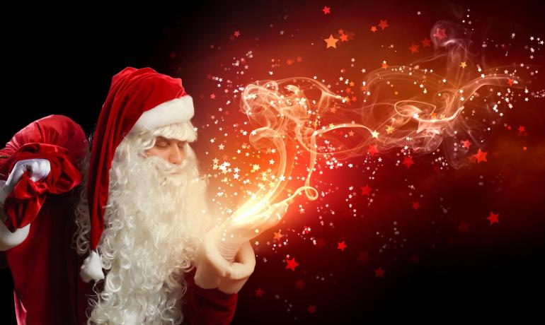 Babbo Natale con magia e stelle scintillanti.