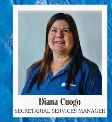 Diana Cuogo, secretarial services manager, wearing a blue shirt.